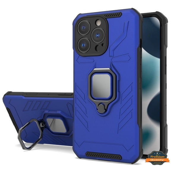 For Apple iPhone 13 Pro Max (6.7") Shock-Proof Case with Magnetic Car Mount Kickstand Ring Holder Texture Hybrid Dual Layer Phone Case Cover by Xpression [Blue]