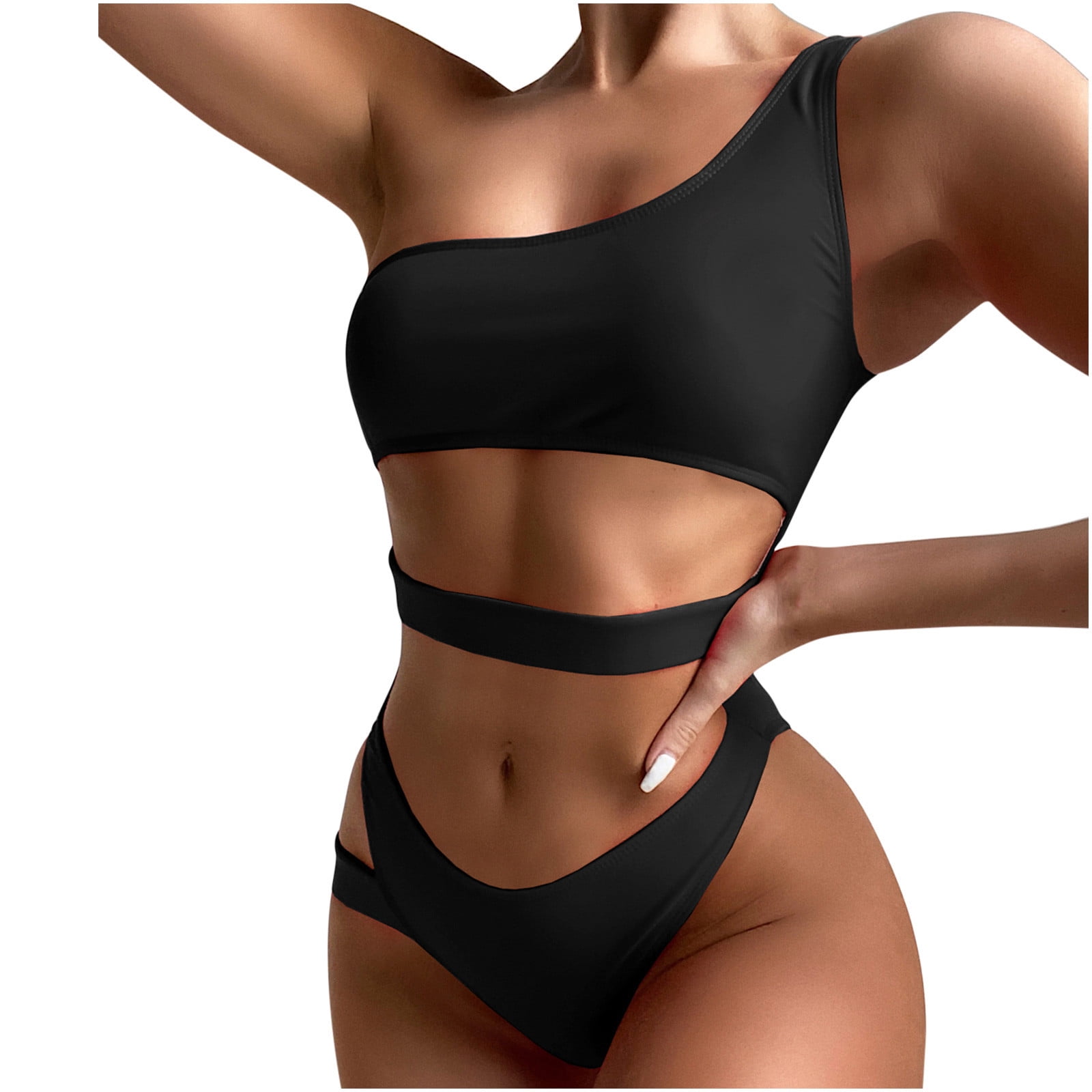 Rqyyd Reduced Womens V Neck Bikini Set Double Shoulder Straps Two Piece Swimsuit Solid Cutout Bathing Suit(Hot Pink,L), Women's, Size: Large