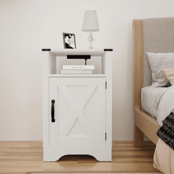 Farmhouse Nightstand with Charging Station, Rustic Wooden End Table with Storage Cabinet Open Shelf for Bedroom Living Room, White
