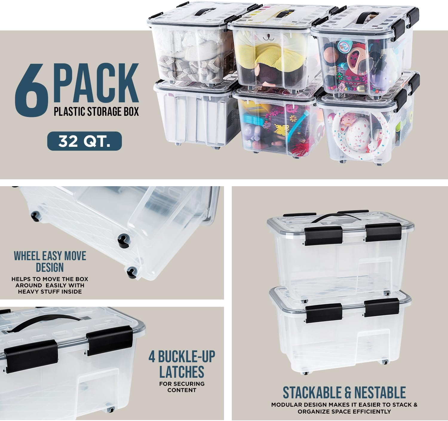 Lifemaster Stackable Storage Box Set - 6 Pieces 32 Quarts Multi-purpose, Space-Efficient Stackable Storage Boxes with Nestable Design, Secure Latches, Easy-Move Wheels & Pull-Out Base - Clear