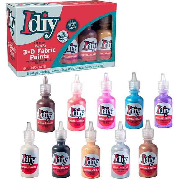 DIY Fabric Paints, Set of 10 Metallic Colors, (1oz bottles) Ultra Bright 3D Fabric Paint, Non-Toxic Water-Based and Permanent - Great Craft, Gift, Project - Decorate on Any Surface!