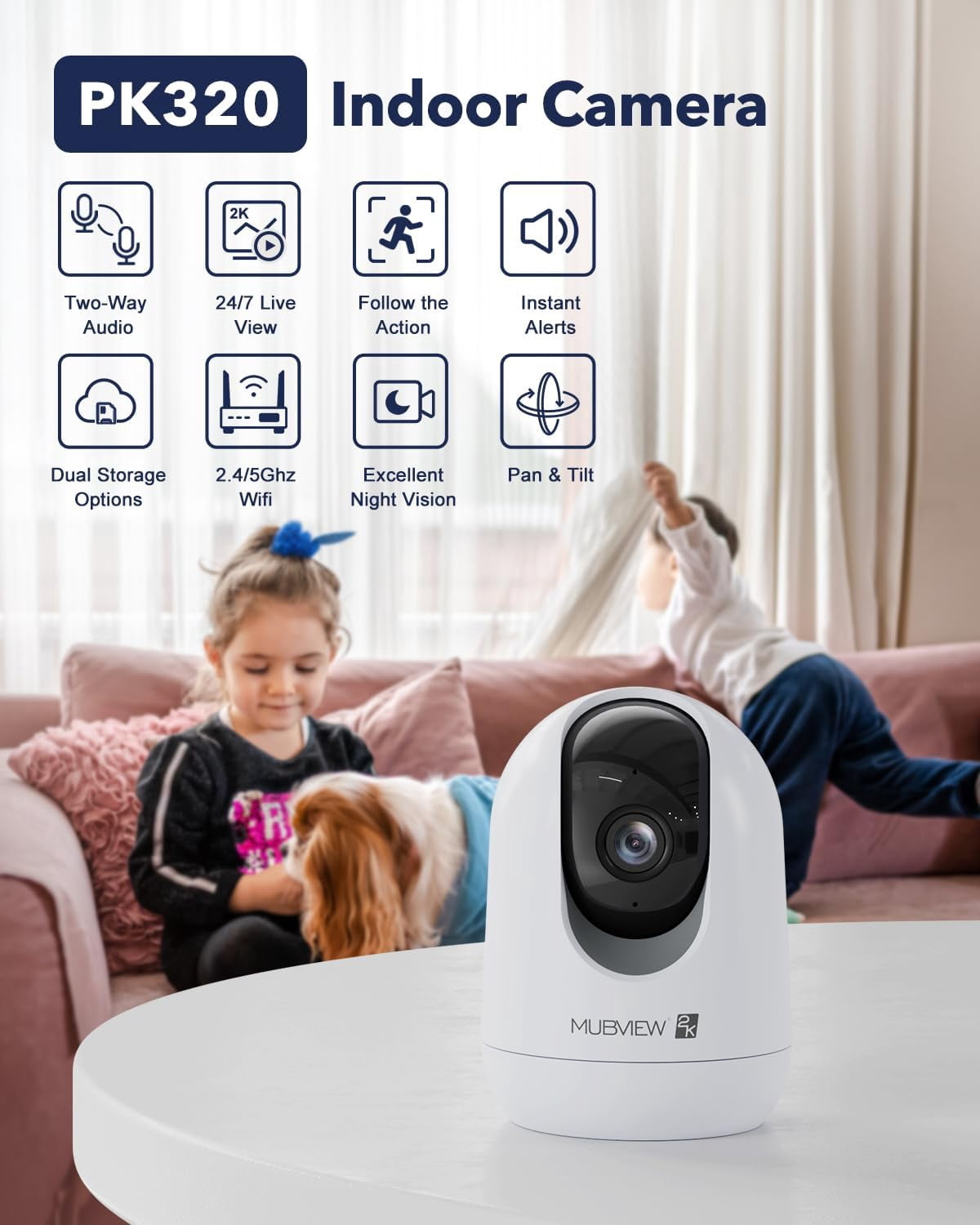 General Cameras for Home Security, Indoor Security Camera, 2.4/5GHz WiFi Wired Camera Ideal for Dog/Elder/Baby, Motion Tracking, Two-Way Audio, Pan Tilt, 7X24, 2K Night Vision