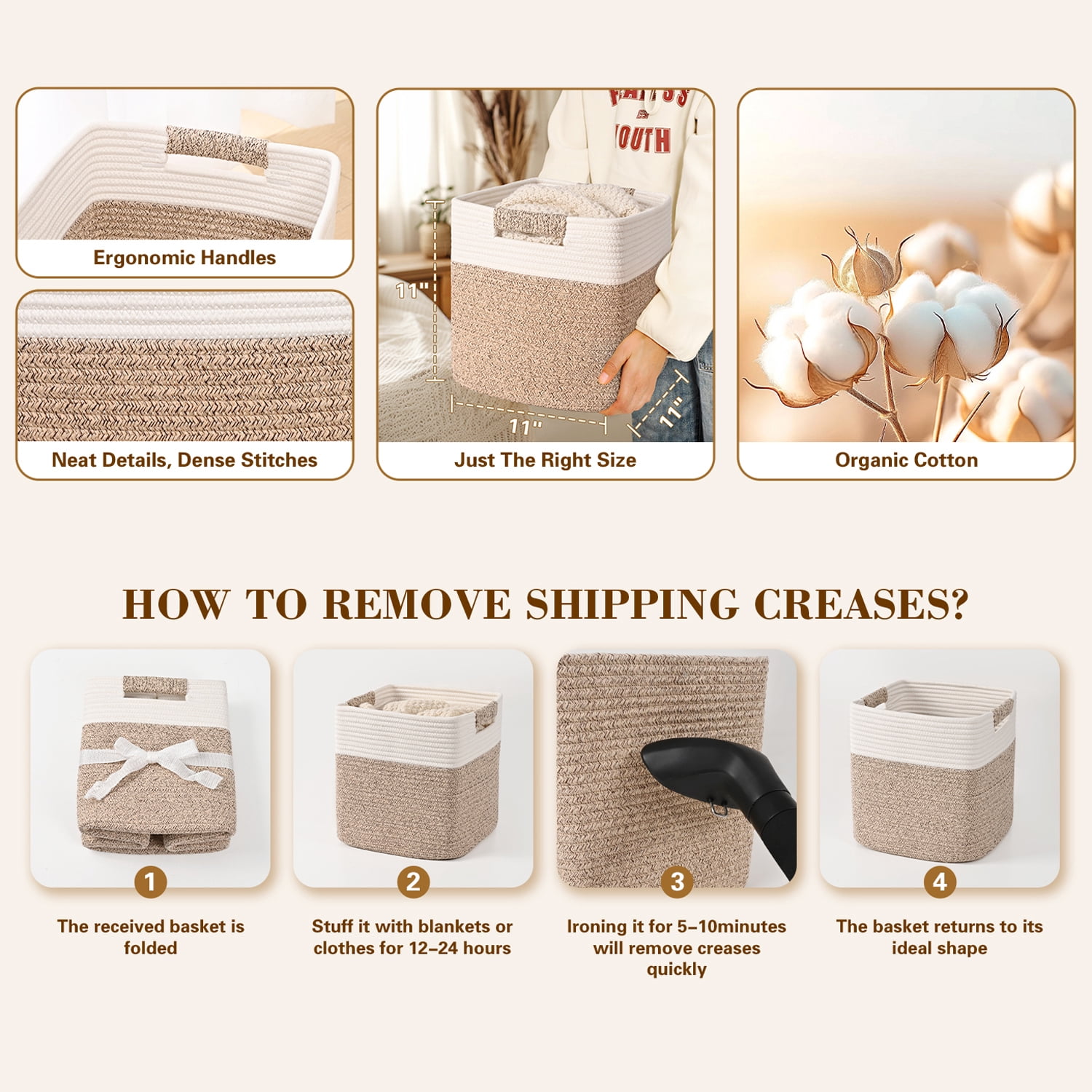 Natubeau 3 Pack Woven Storage Basket for Shelves, Cube Storage Bins, Cotton Rope Woven Baskets for Organizing, 11 Inch, White & Jute
