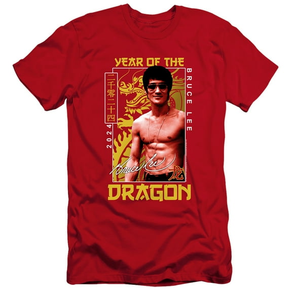 Bruce Lee Framed Year of the Dragon Unisex Adult Canvas Brand T Shirt ,Red, Medium