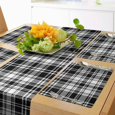 

Abstract Table Runner & Placemats British Tartan Celtic Pattern with Vertical Horizontal Symmetric Stripes Image Set for Dining Table Placemat 4 pcs + Runner 12 x72 White Black by Ambesonne