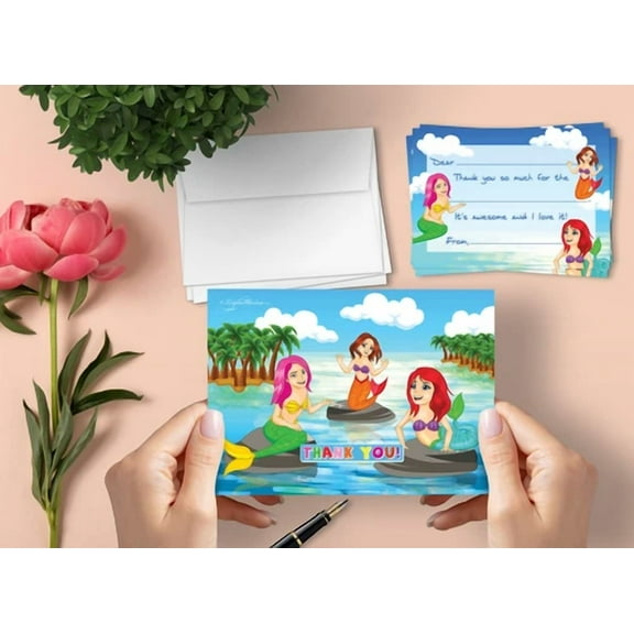 Mermaid Bash Thank You Cards For Kids, 20 Notes & 20 Envelopes