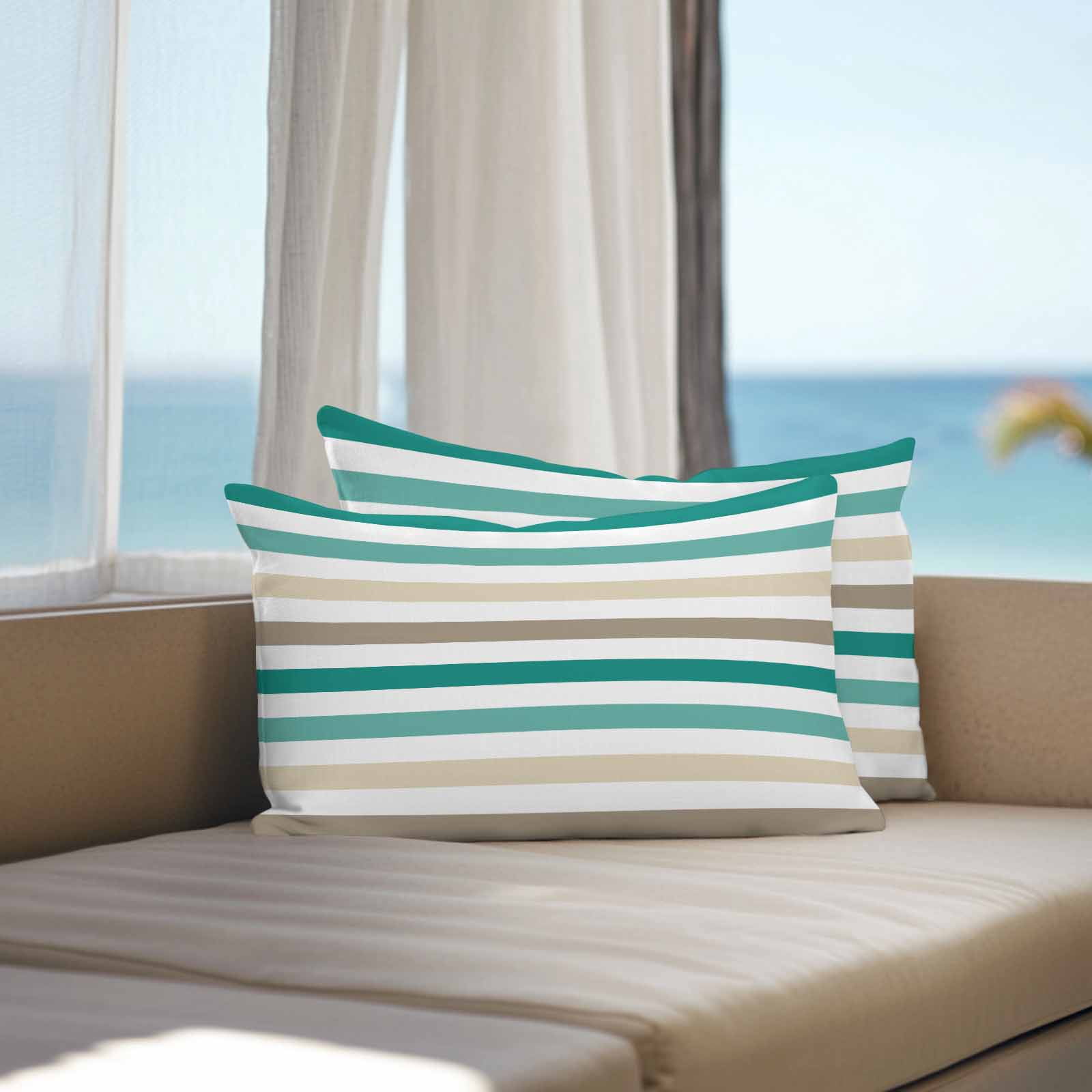Brown Beige Teal White Striped Outdoor Pillow Covers Set of 2 Modern Minimalist Lines Waterproof Throw Pillow Case Decorative Square Cushion Cover for Patio Couch Garden Balcony, 20"x12"
