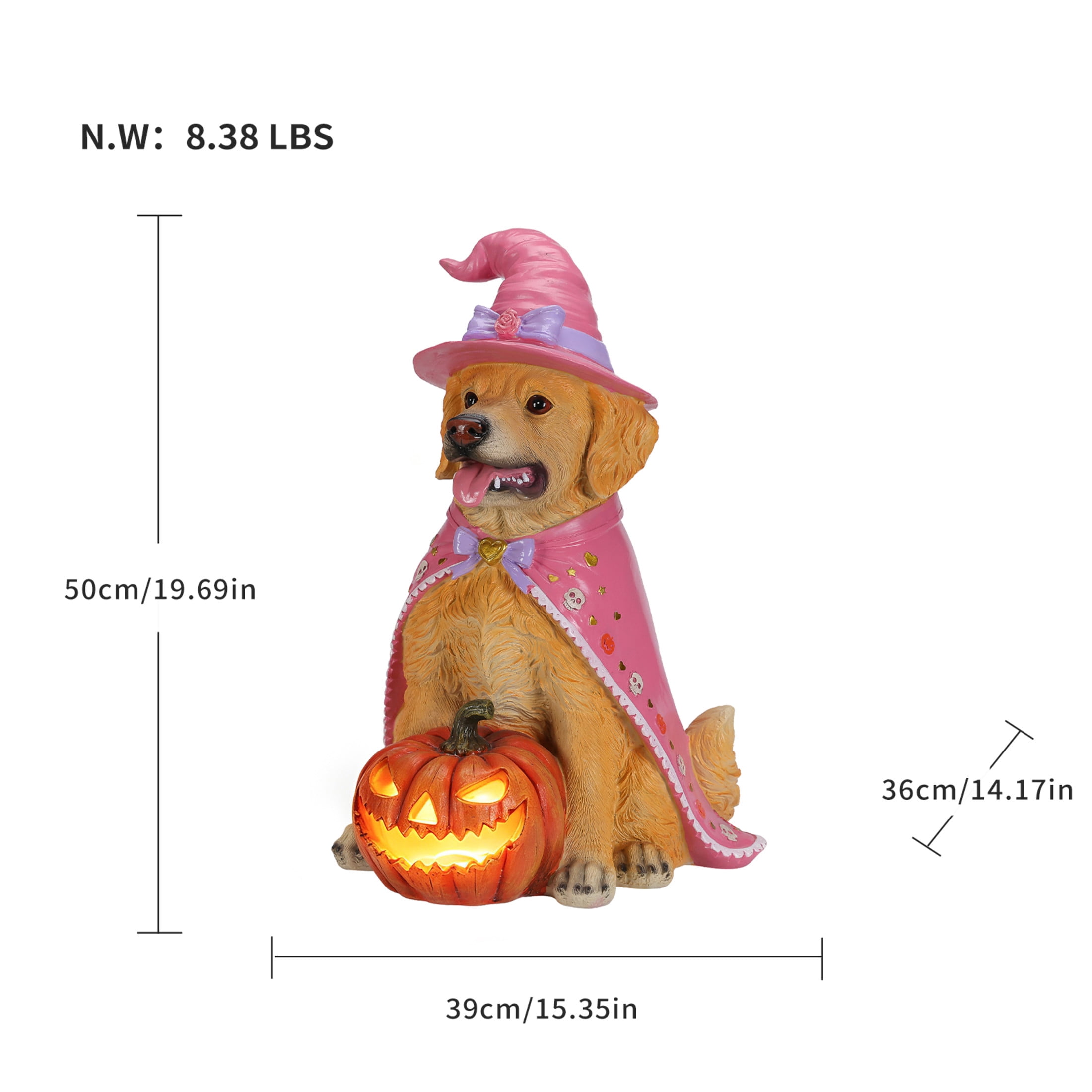 Noble House Halloween Golden Retriever Witch Puppy Figurine with Pumpkin Lantern, Decorative Statue, Brown
