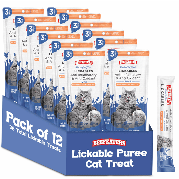 Beefeaters Tuna Lickable Cat Treats with Lobster and Krill Oil, 3 Pack Puree Sachets, 0.53 oz Each, Antioxidant Support, Grain Free Cat Food Topper, No Sugar Added, Taurine, Vitamin E, No Corn