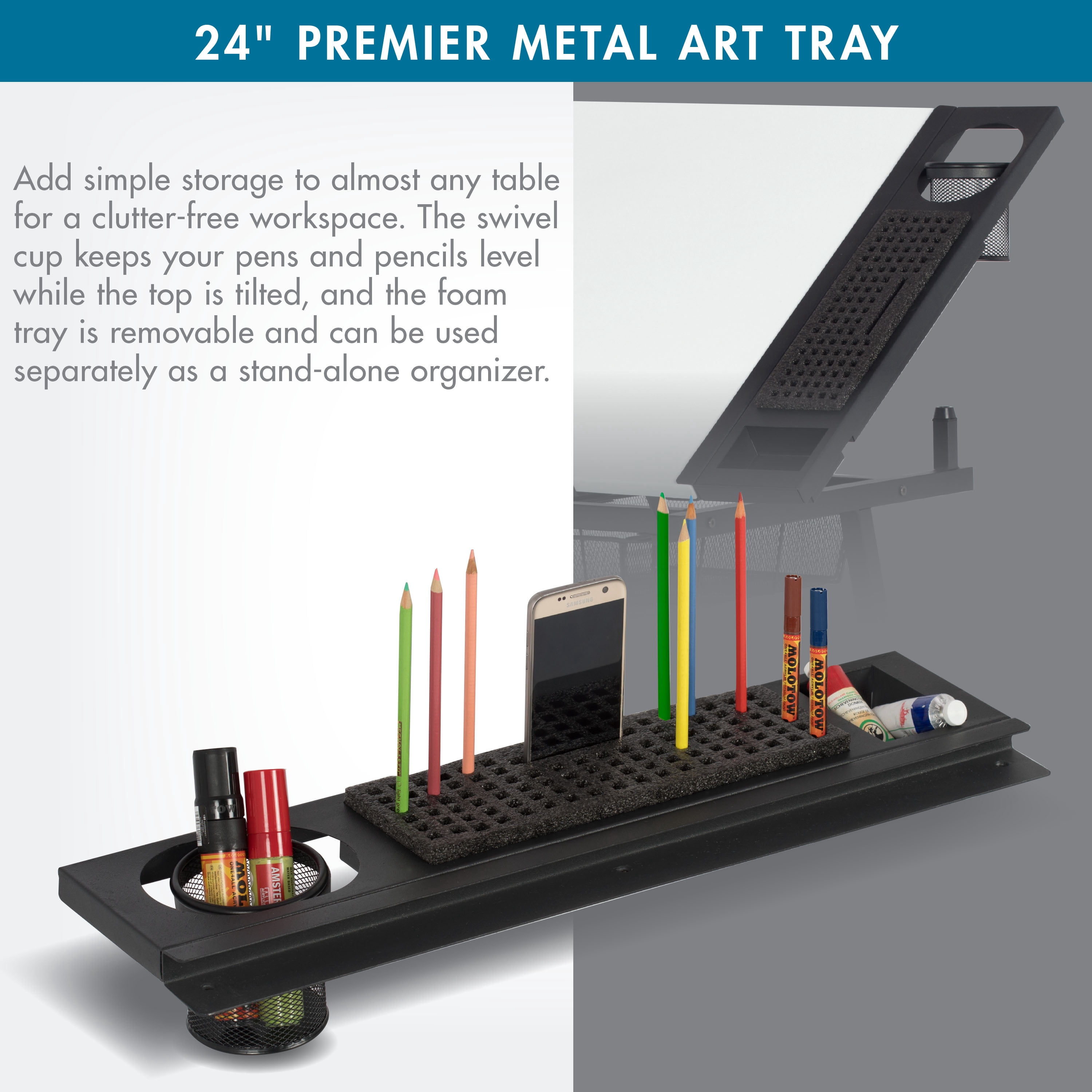 Studio Designs 24" Premier Metal Storage Organizer Tray for Drafting Tables Pencil/Marker Organizers and Mesh Cup for Brushes- Charcoal Black