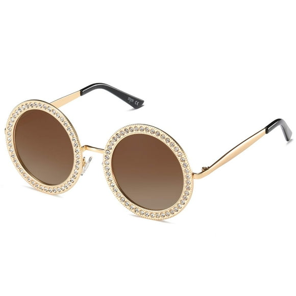 SOJOS Shining Oversized Round Rhinestone Sunglasses Festival Gem Sunnies SJ1095 with Gold Frame/Gradient Brown Lens with Crystal Diamonds