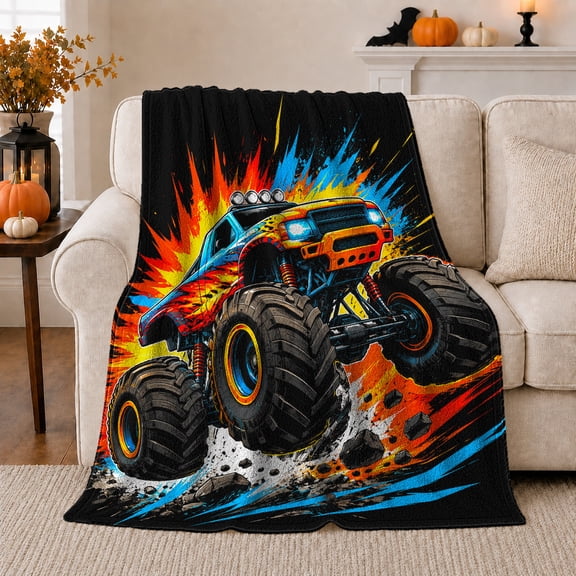Printed Flannel Throw Blanket with Blue Monster Truck Stunt Graphic Art