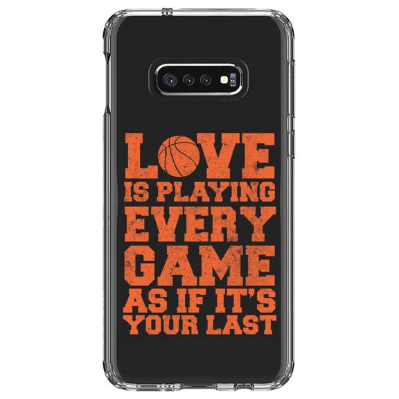 DistinctInk Clear Shockproof Hybrid Case for Samsung Galaxy S10e (5.8" Screen) - TPU Bumper Acrylic Back Tempered Glass Screen Protector - Love is Playing Every Game As If It's Your Last