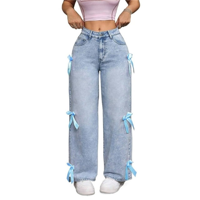 Pantalones de mezclilla de pierna recta con lazo lindo for mujer, pantalones vaqueros casuales holgados de talle alto, pantalones de moda Y2K con bolsillos