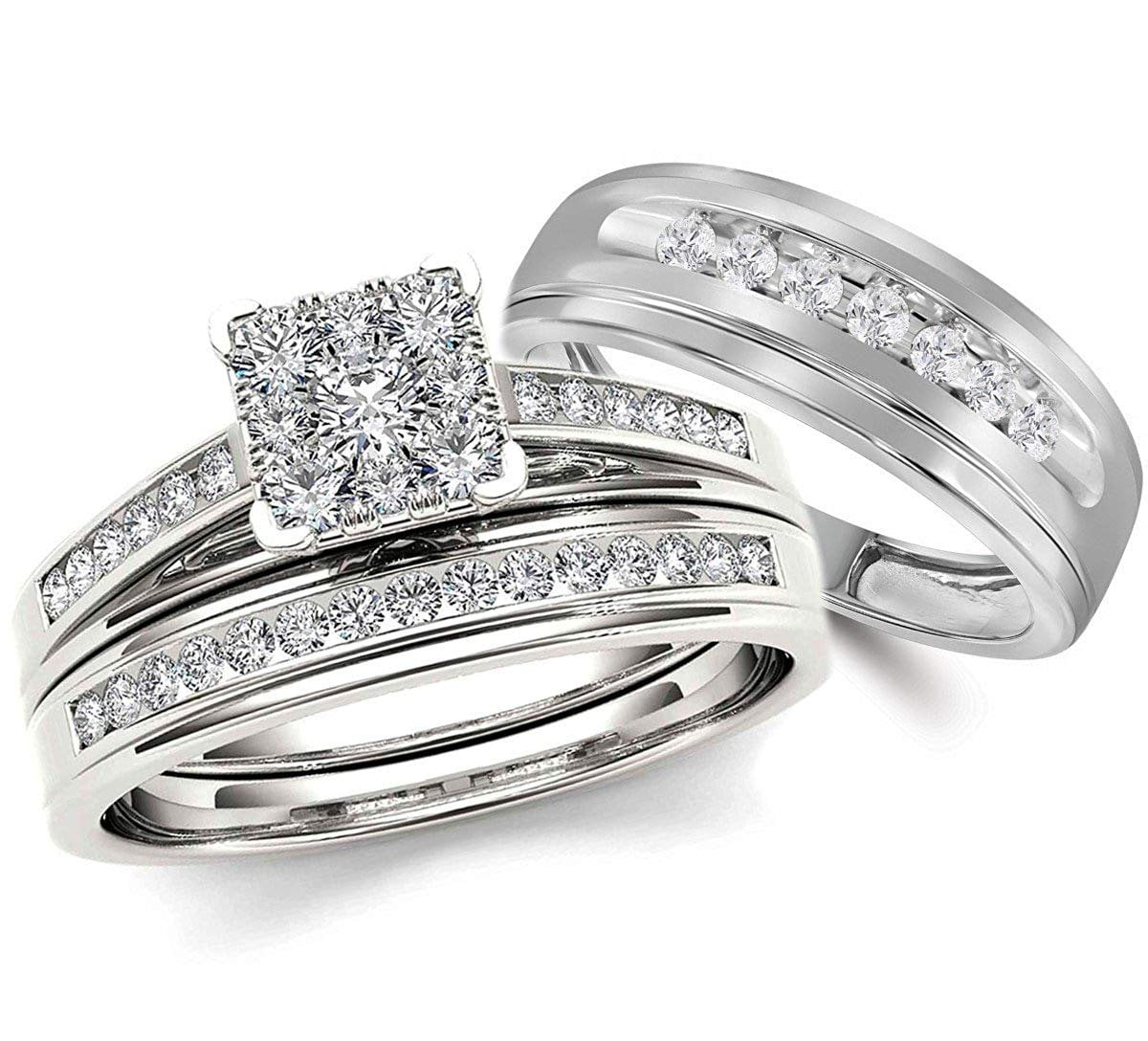 Midwest Jewellery 10K White Gold Wedding Ring Set His and Hers 3pc Trio ...