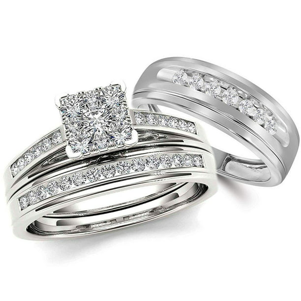 Midwest Jewellery - Midwest Jewellery 10K White Gold Wedding Ring Set His and Hers 3pc Trio 3 ...