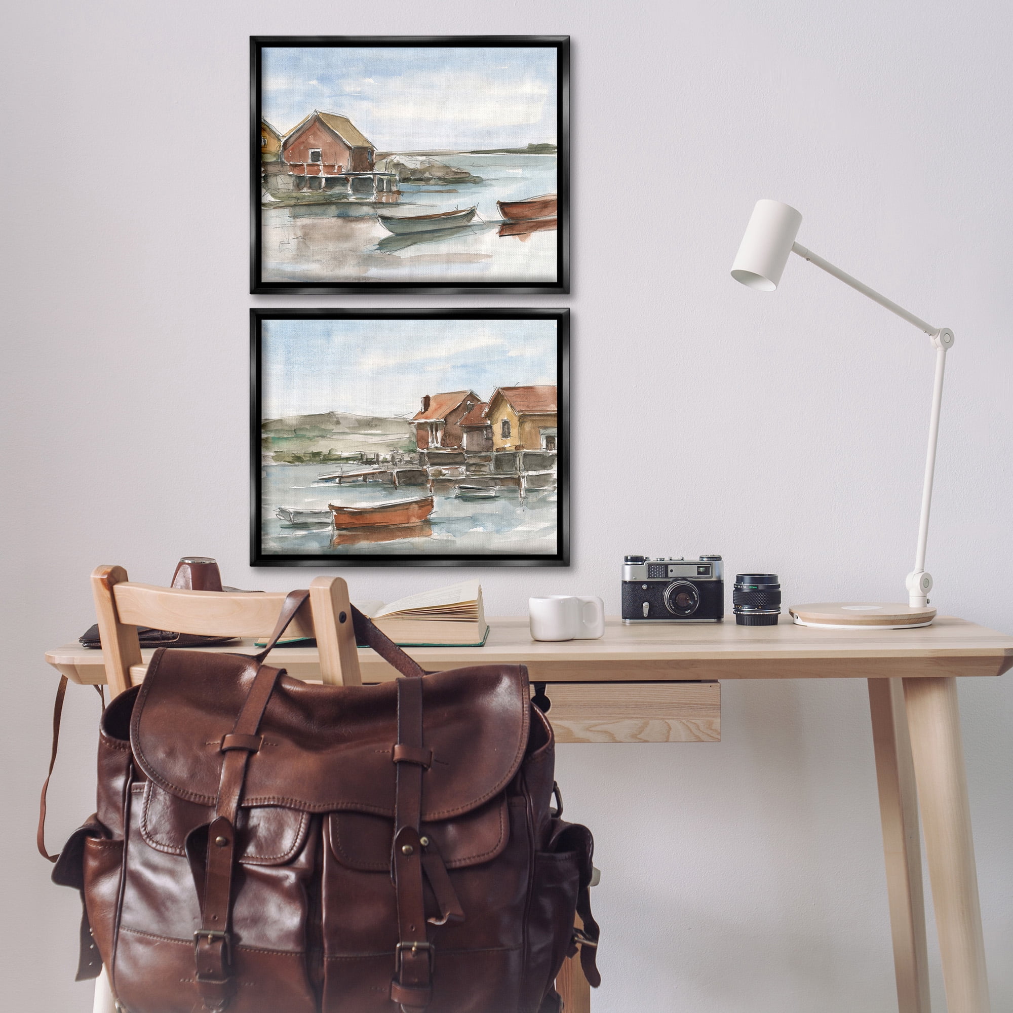 Stupell Industries Coastal Shack Landscape Landscape Painting Black Floater Framed Canvas Art Print Wall Art, 21 x 17, Set of 2