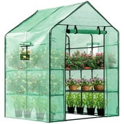 Green House 56" W x 56" D x 76" H,Walk in Outdoor Plant Gardening Greenhouse 2 Tiers 8 Shelves - Window and Anchors Include(Green)