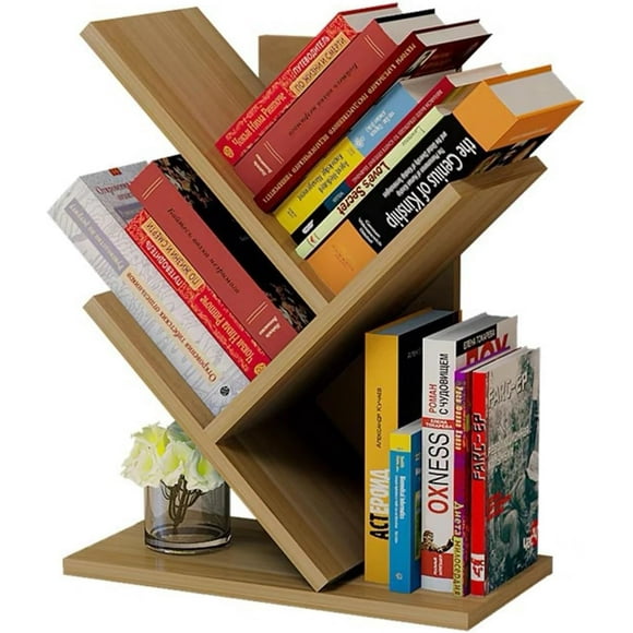 Vintage Classic Rustic Tree Bookshelf, Elegant Light Walnut 2-Tier Book Storage Organizer With Unique Shape For Home, Office, School