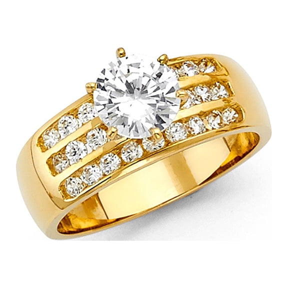 Solitaire CZ Engagement Ring 14k Yellow Gold Anniversary Round CZ Wide Band Bridal Side Stones Size 7
