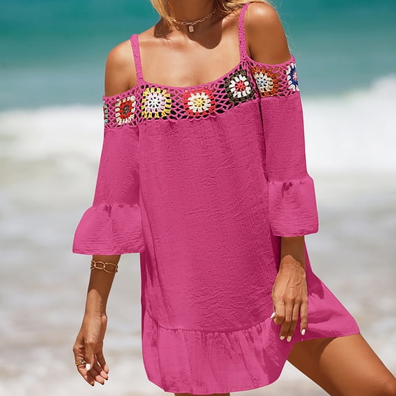 Xuyuer Womens Floral Embroidered Off Shoulder Long Sleeve Short Dresses Hollow Out Swimsuits Cover Ups Beach Cover Bathing Suit Bikini Wear