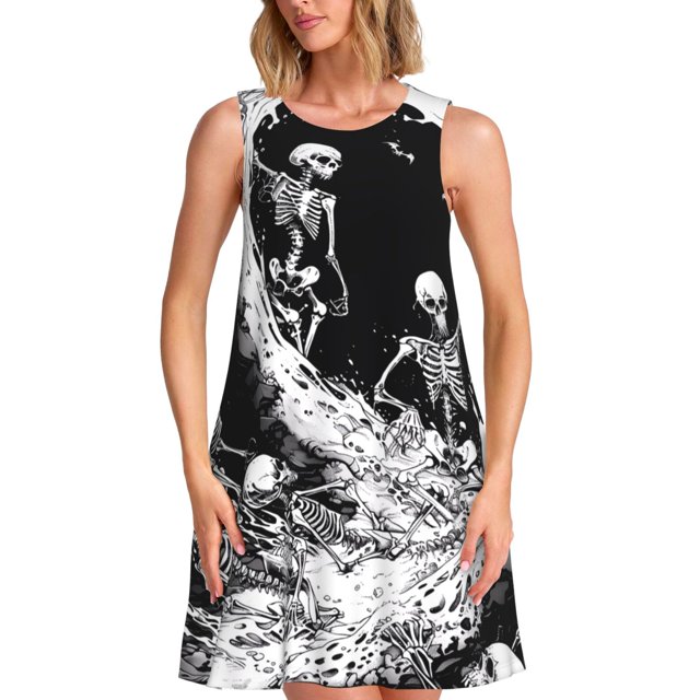 Easygdp Skeleton Wave Artwork para Vestido Transpirable de Mujer, Vestido Suelto de Manga Corta con Pliegues y Bolsillos para el Verano