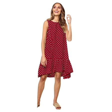 

Wedding Guest Dresses for Women Black Dress Fashion Crew Neck Sleeveless Polka Dot Loose Large Swing Ruffle Dress on Clearance Dresses for Women Summer Dress Flower Girl Dress Red XL