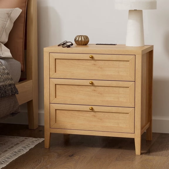 EYYTHUNG 3 Drawer Nightstand with Charging Station, Farmhouse Large Bedside End Table with Storage Drawers, Modern Wood Night Stand, Natural Oak