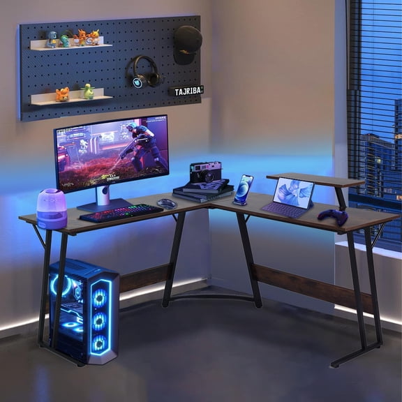 Dkelincs L Shaped Gaming Desk 50.4 inch Corner Computer Desk Table with Removable Shelf for Home Office, Brown