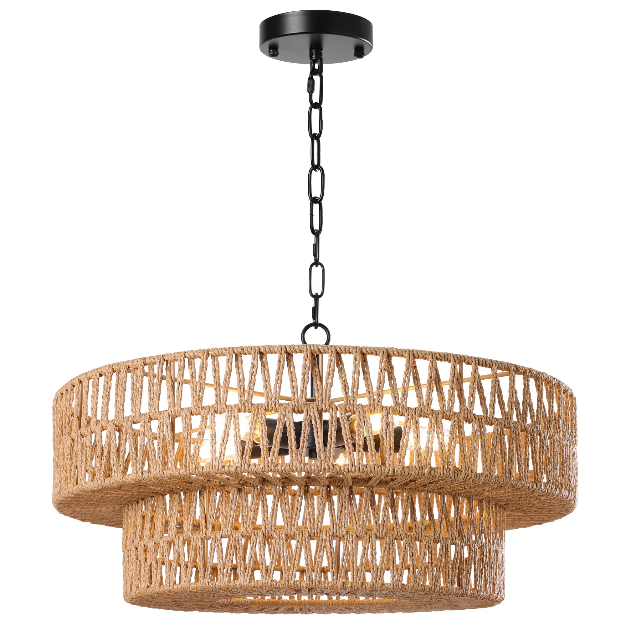 22"Farmhouse Hand-Woven Rattan Chandeliers for Dining Room 5-Light Boho Chandelier with Hand Woven Wicker Shade 3-Tier Large Rattan Pendant Lights Ceiling Hanging Lighting Kitchen Island