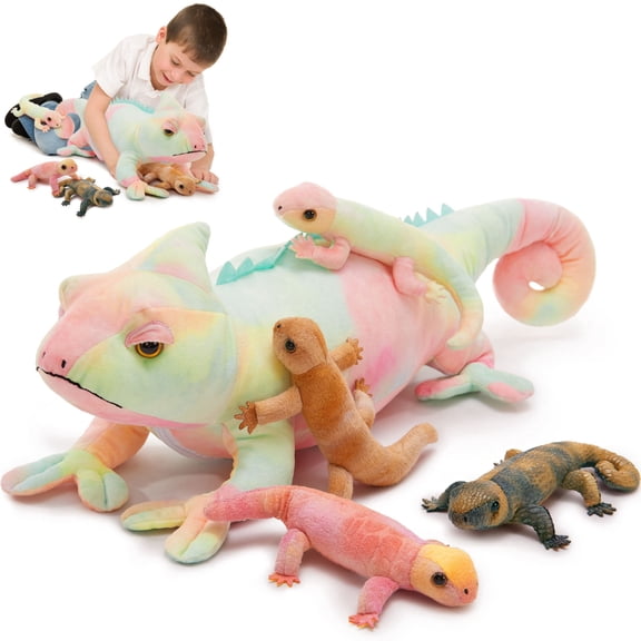 Tezituor 5Pcs Chameleon Stuffed Animal 26.77'' Realistic lizardwith 4 Baby Lizard Plush Toys