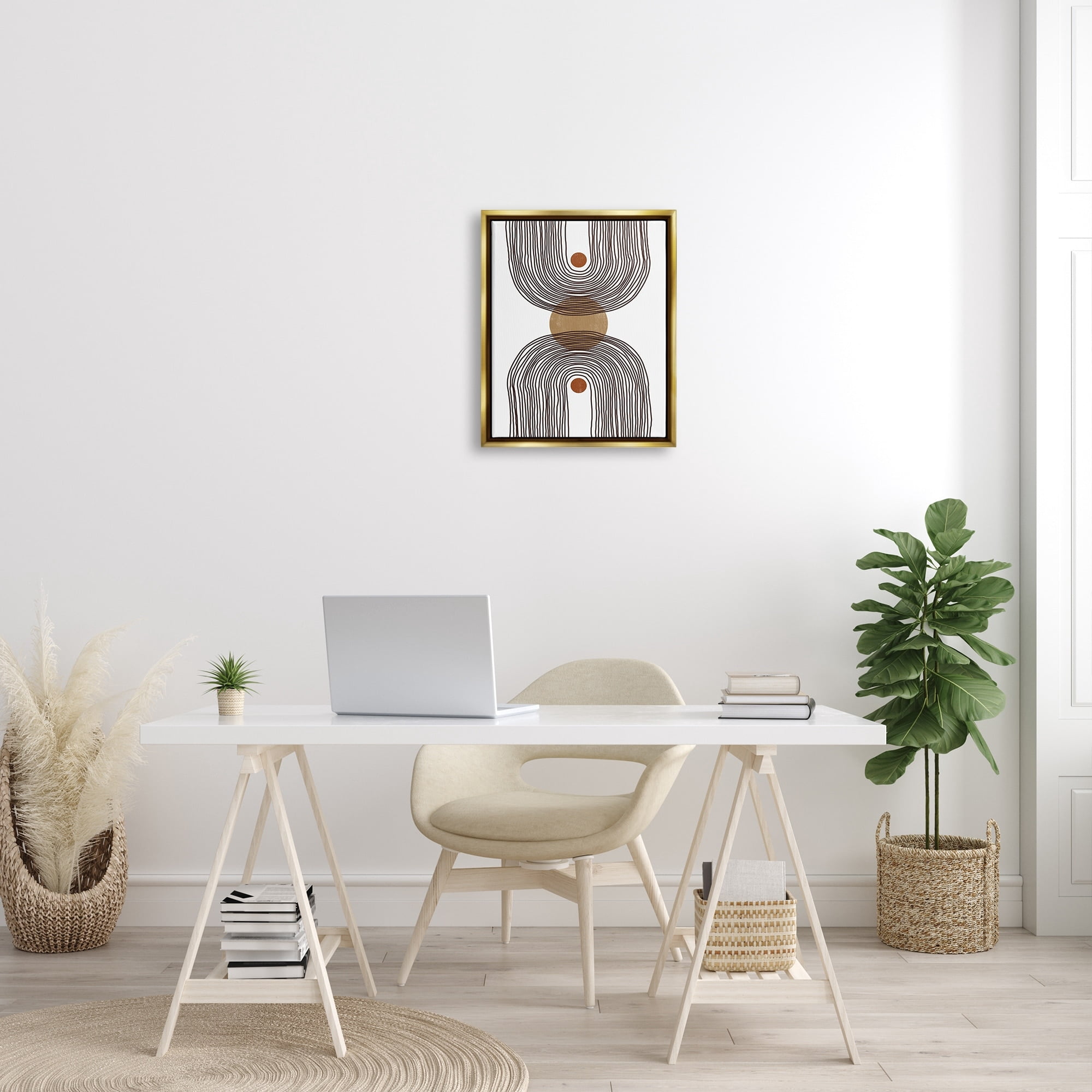 Stupell Industries Asymmetrical Rainbow Reflection Abstract Round Shapes Brown White Metallic Gold Framed Floating Canvas Wall Art, 16x20, by JJ Design House LLC