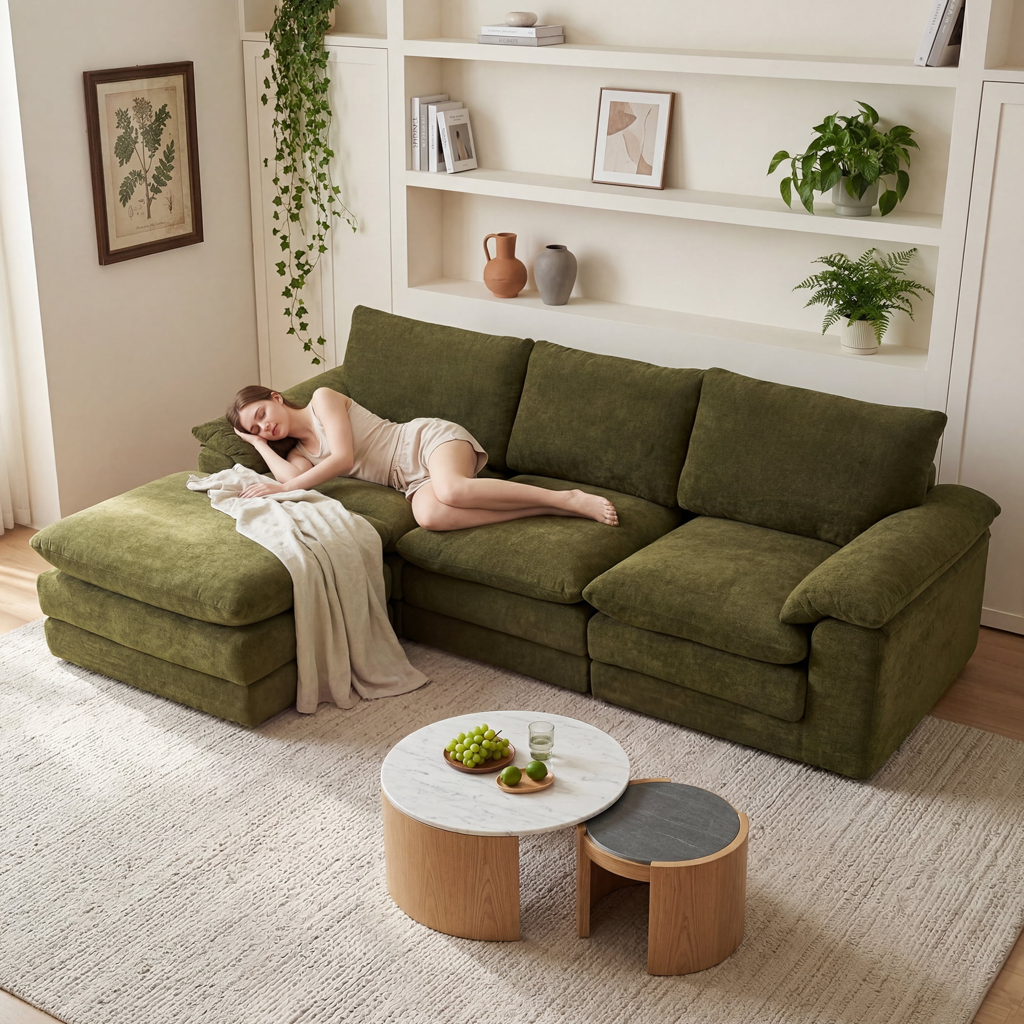 104" Wide Modular Sectional Sofa with Reversible Ottoman, Deep Seat Cloud Couch in Breathable Chenille
