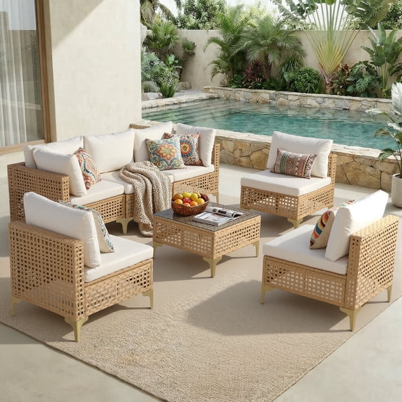 FHFO 7-Piece All-Weather Wicker Outdoor Patio Conversation Set with Coffee Table, High Back & Thick Cushions for Garden Porch Poolside