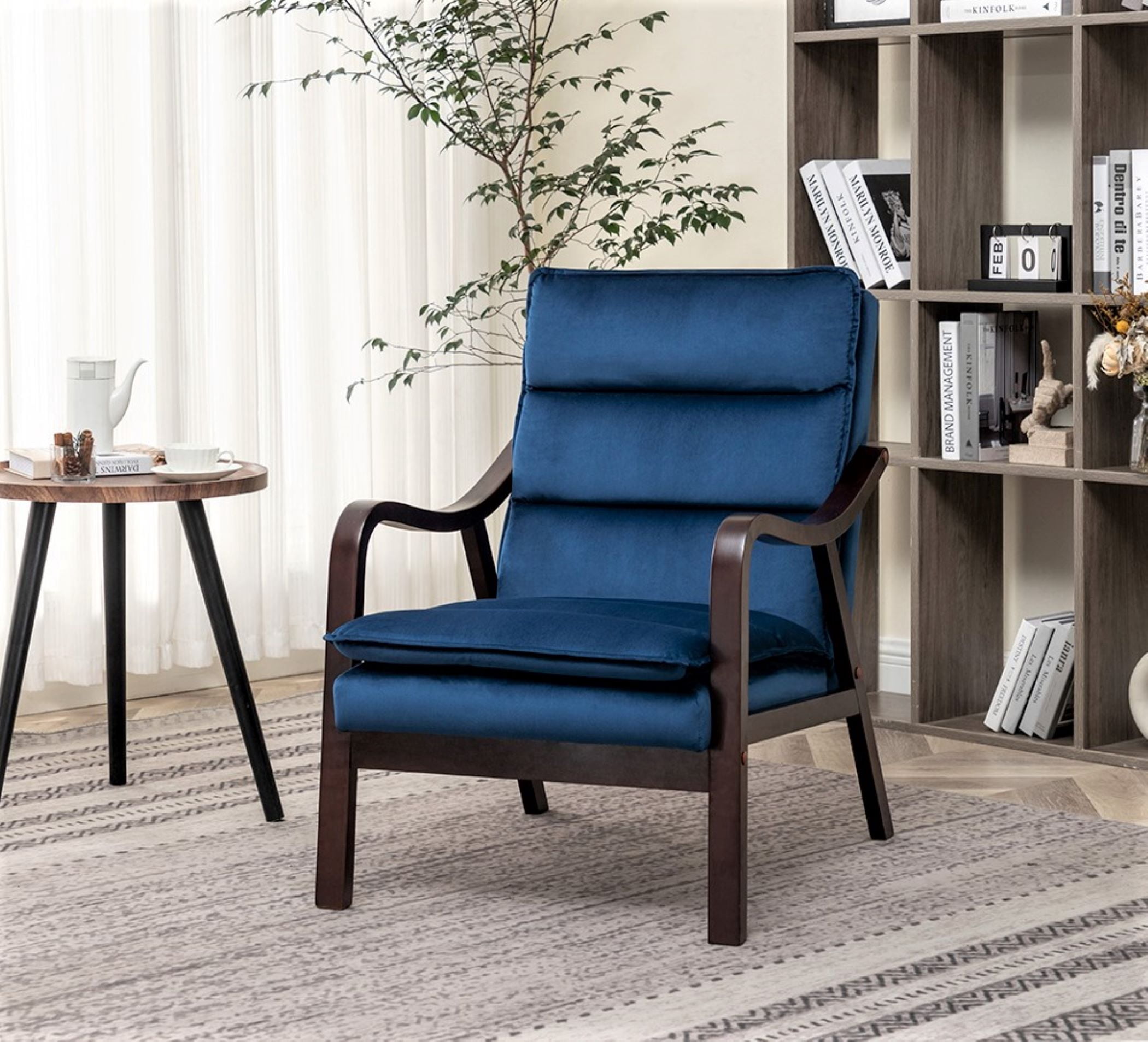 US Pride Furniture Clovis 24.8" Wide Mid-Century Modern Velvet Armchair, Dark Blue