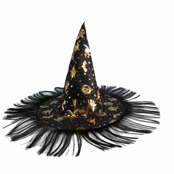 XIAOCHA Womens Fringe Witch Hat Halloween Printed Wizard Hat Role Play Headwear,Black