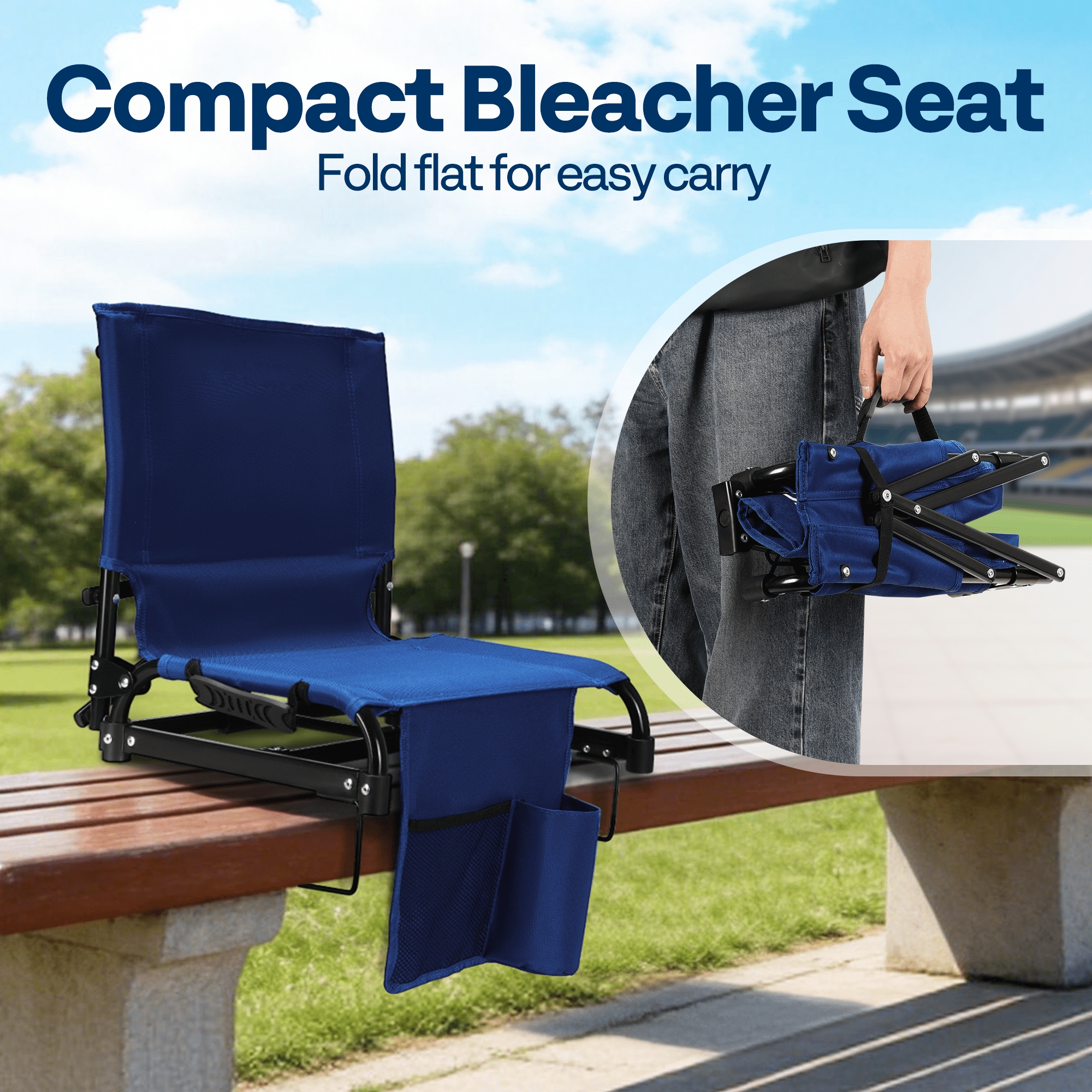 SPECSTAR Portable Folding Stadium Seat for Bleachers,Bleacher Chair Padded Cushion with Back Support, Waterproof & Lightweight Chair with Cup Holder 2 Pack , 350lb Capacity,Gray