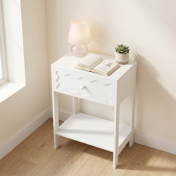 iooHug White Wave Pattern Nightstand with Drawer & Open Shelf, Modern Bedside End Table for Bedroom & Small Spaces