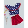 thumbnail image 4 of Aojekbee Independence Day Kids Girls Clothes Suits Stars Print Bobbles Boat Neck Ruffles Tops Red Shorts with Belt 2Pcs Set, 4 of 9