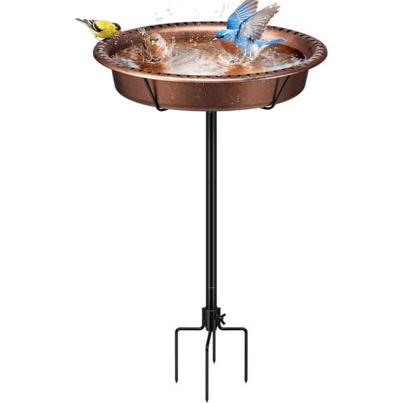SPECSTAR Oval Bird Bath for Outside, Outdoor Birdbath Bowl with Metal Ground Stake, Weather-Resistant ABS Bird Bath and Feeder for Garden, 1.3 Gallons, Bronze