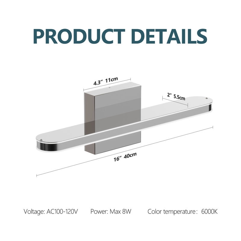 TICOZE 16" Chrome LED Vanity Light Bar - Dimmable 8W Bathroom Light Fixture, Waterproof Over Mirror Lighting for Wall/Cabinet, 6000K Daylight (15.7"L)