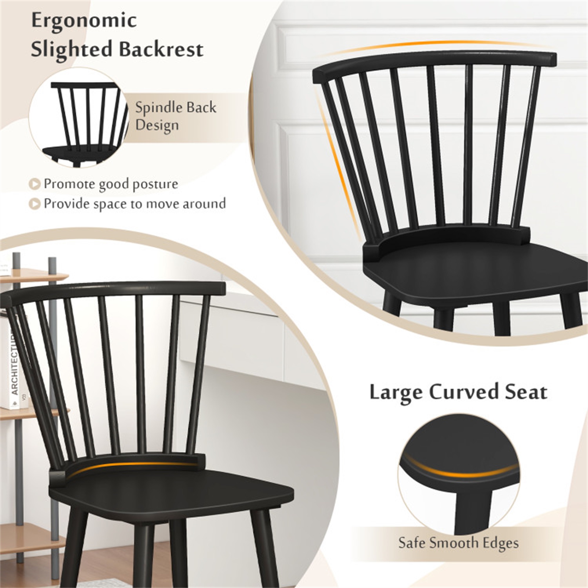 Demi Bonn Windsor Dining Chairs Set of 2 Rubber Wood Kitchen Chairs with Spindle Back, Black
