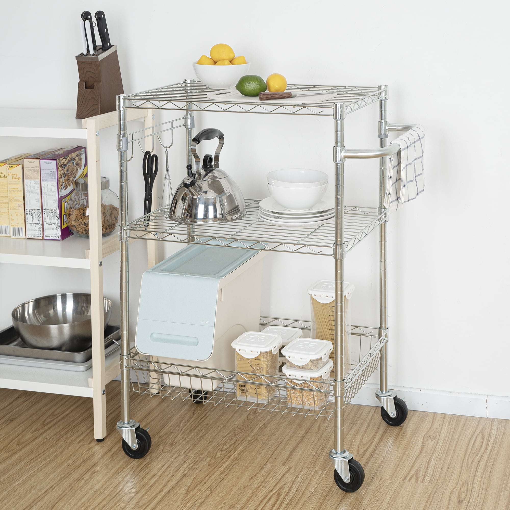 Hyper Tough 3-Tier New Multipurpose Rolling Cart for Adult, Chrome Color, 495lbs Load Capacity