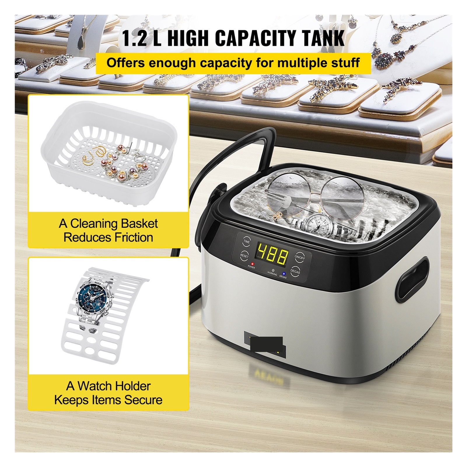 1.2L Ultrasonic Cleaner 40kHz Ultrasonic ABS Plastic & 304 Stainless Steel With Timer For Fruits Jewelry Glasses Watches ,Strong Cleaning