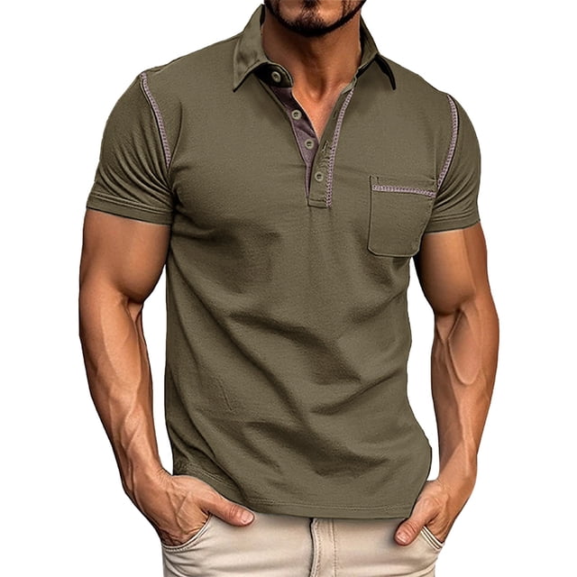 FhsagQ Men's Shirts Men's Shirts Tops Multipack Male Spring Short Sleeve Solid Color Pocket Letter Stripe Stitching Sleeve Top Mens Shirts Trunks Super Fit Mens Shirts String Green XXL