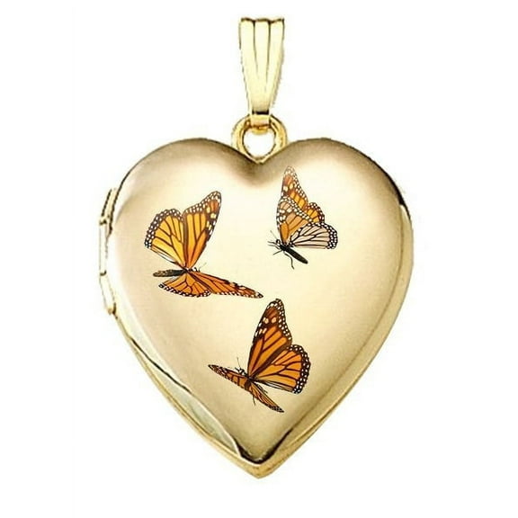 Picturesongold.Com Monarch Butterfly Heart Locket Necklace Pendants - 3/4 inch x 3/4 inch in Solid 14K Yellow Gold