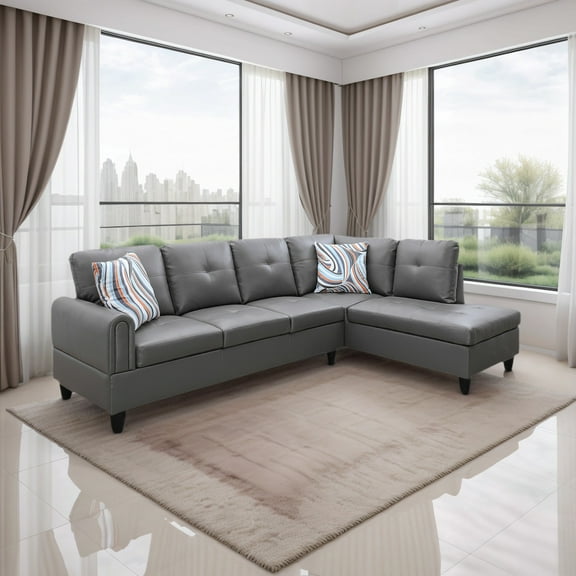 Hommoo Faux Leather L Shaped Sectional Couch and Sofa Set, Modern Living Room Furniture Set, Right Side, Dark Grey