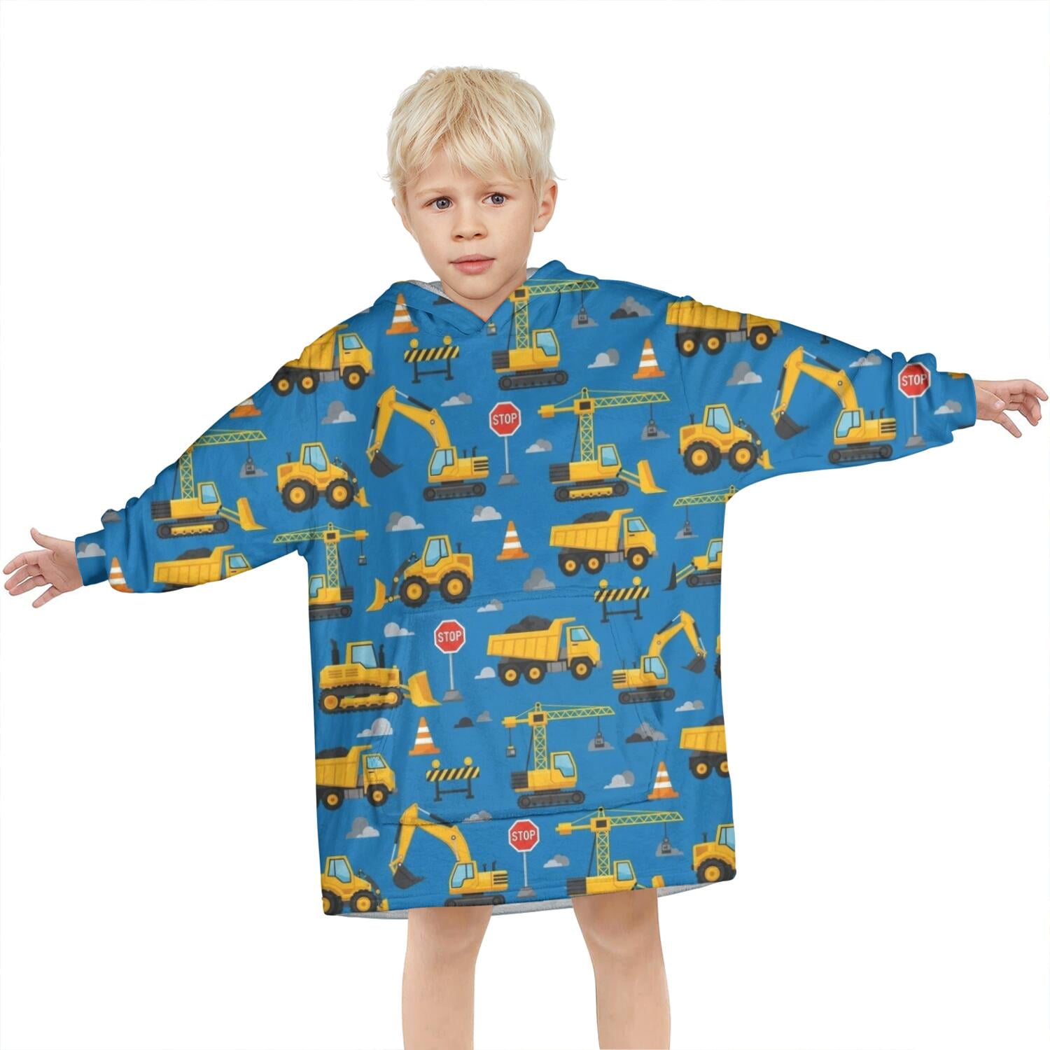 Cartoon Construction Vehicles Barriers Blue Pattern Blanket Hoodies for Kids 6-13YR Oversize Wearable Blanket Hoodies for Boys Girls Teens