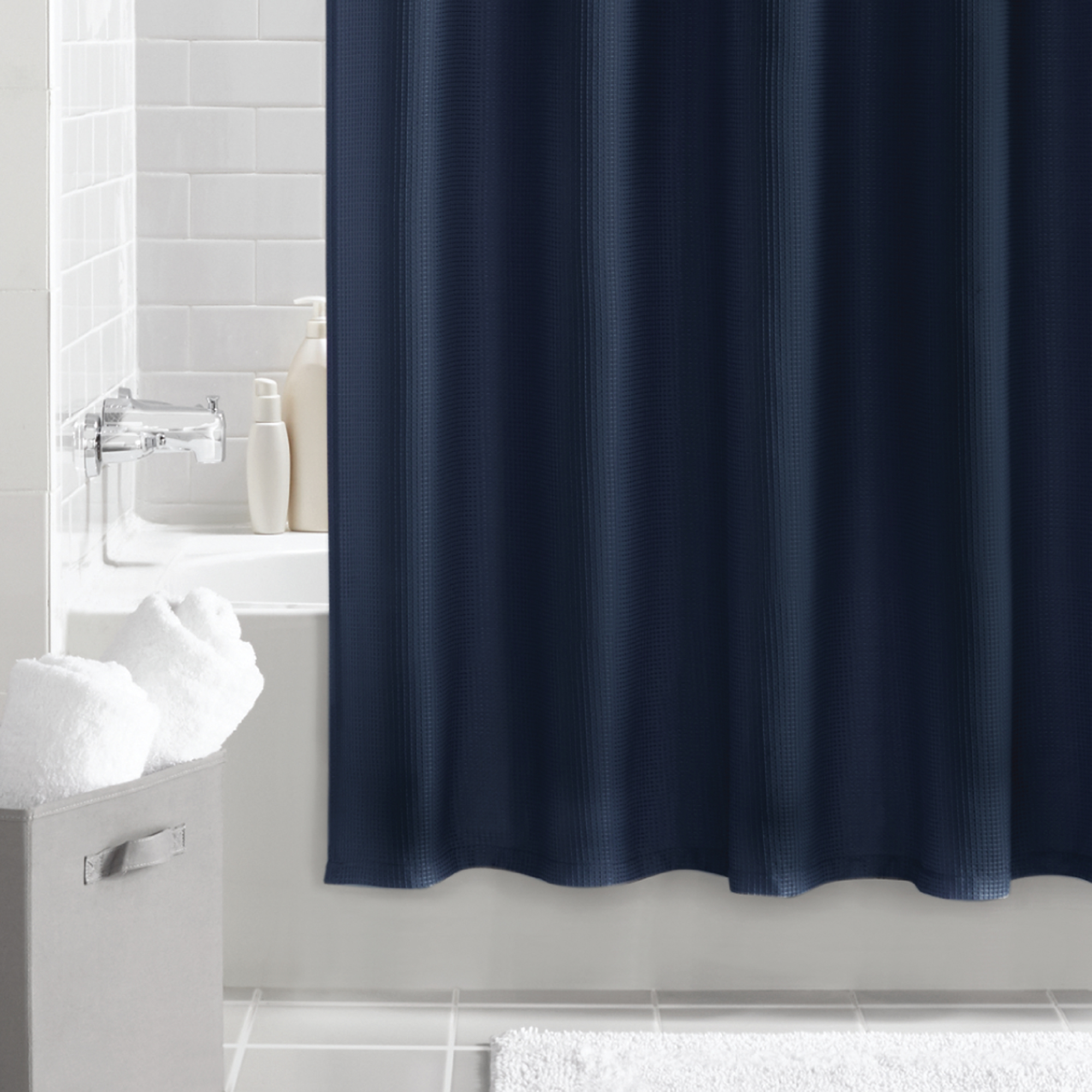Navy Blue Fabric Shower Curtain, 70" x 72", Mainstays Classic Waffle Weave Pattern - image 5 of 5
