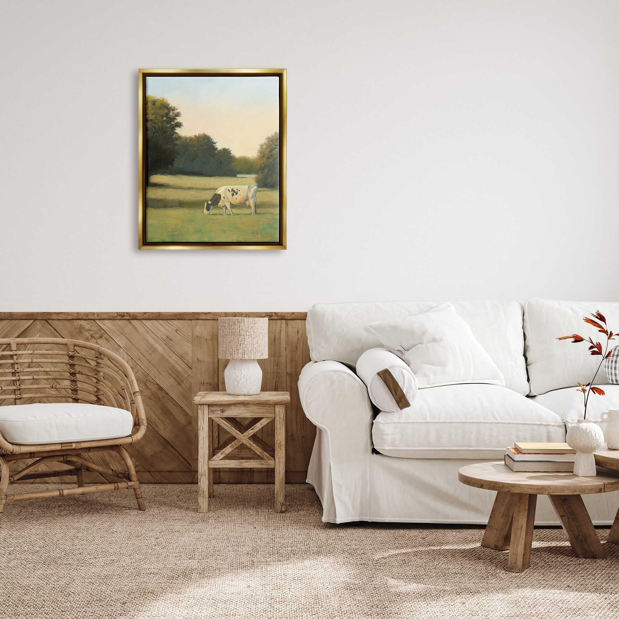 Stupell Industries Cow Grazing in Pasture Animals & Insects Painting Gold Floater Framed Art Print Wall Art, 25 x 31